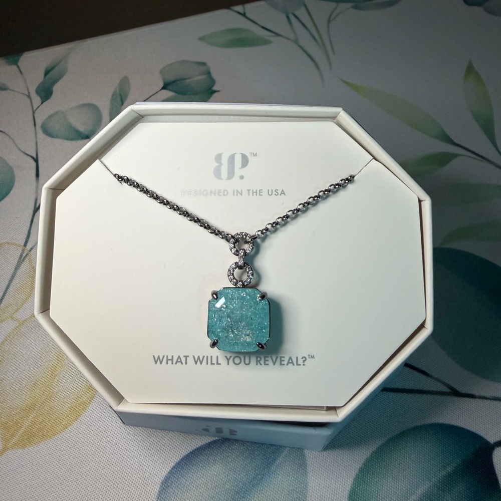 Square Aqua Druzy Pendant Necklace in Silver Tone